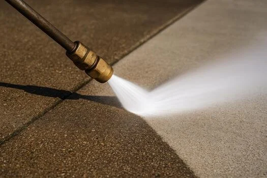 A spray-high pressure nozzle spraying cleaning solution onto a tiled floor.
