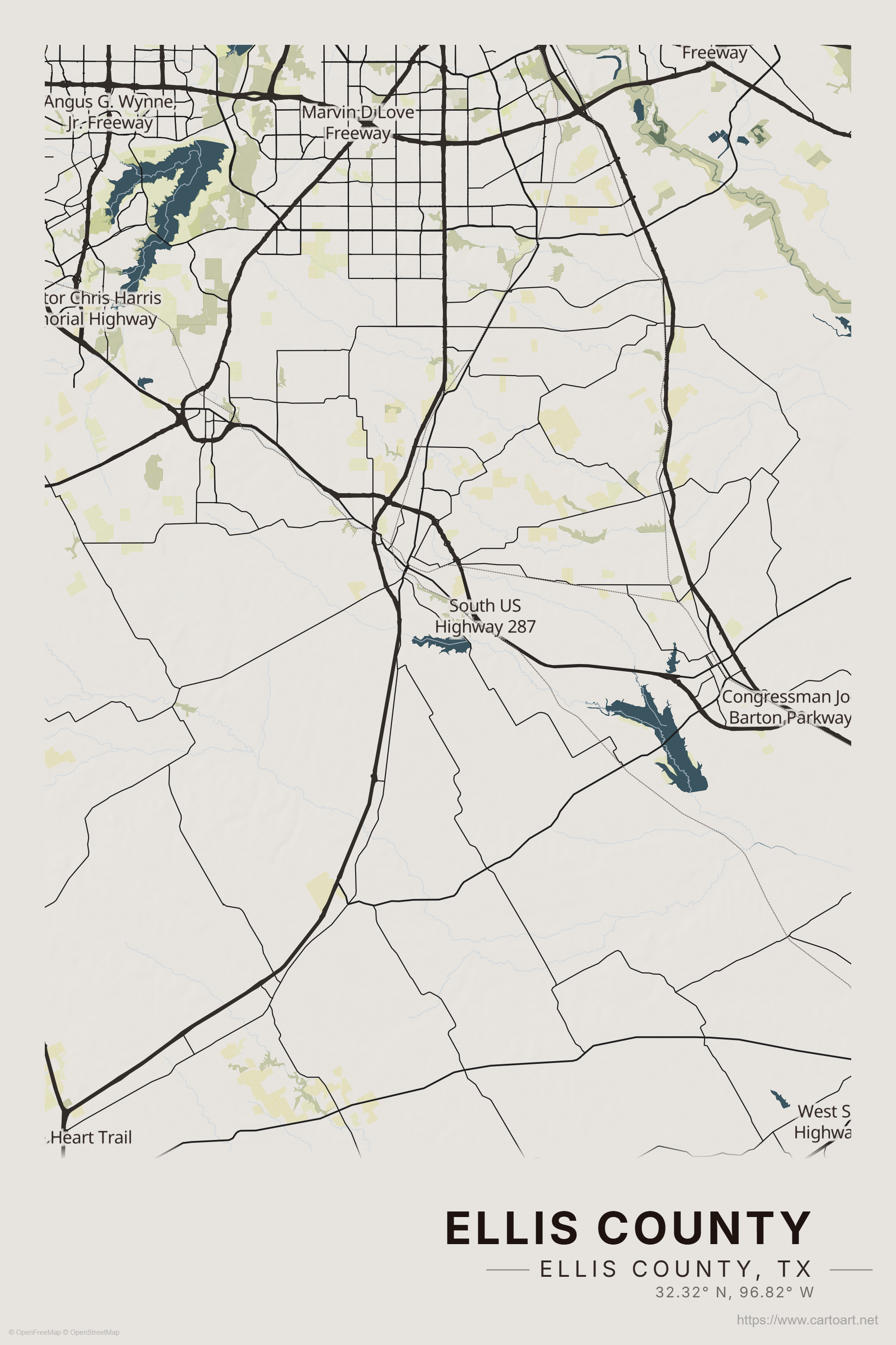 Map of Ellis County, Texas, showing major highways, lakes, and surrounding counties with labels such as Heart Trail, South US Highway 287, Congressmen Jo Barton Parkway, and West S Highway.