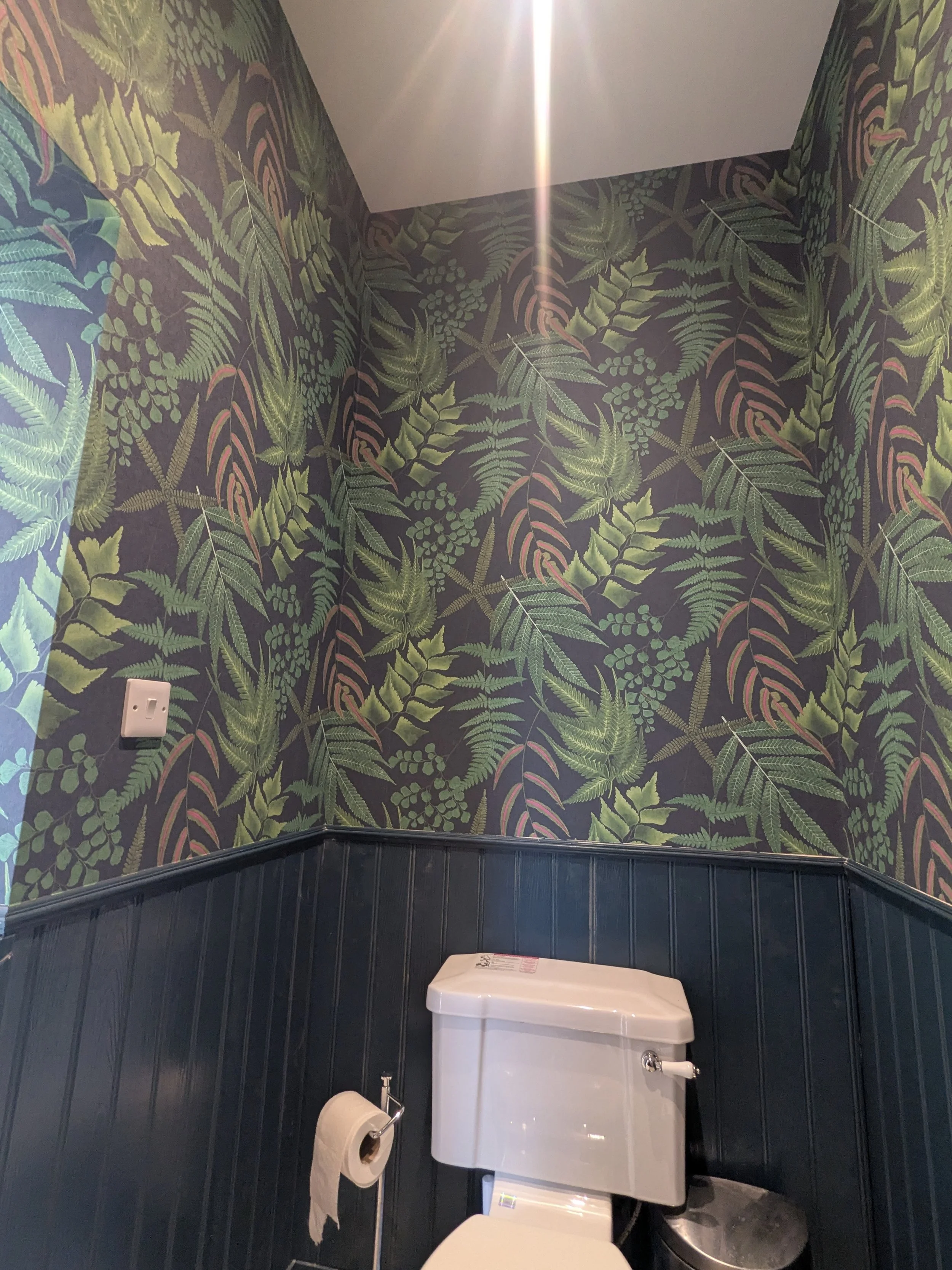 A bathroom with dark green tropical leaf patterned wallpaper, a white toilet, and a toilet paper roll on a holder.