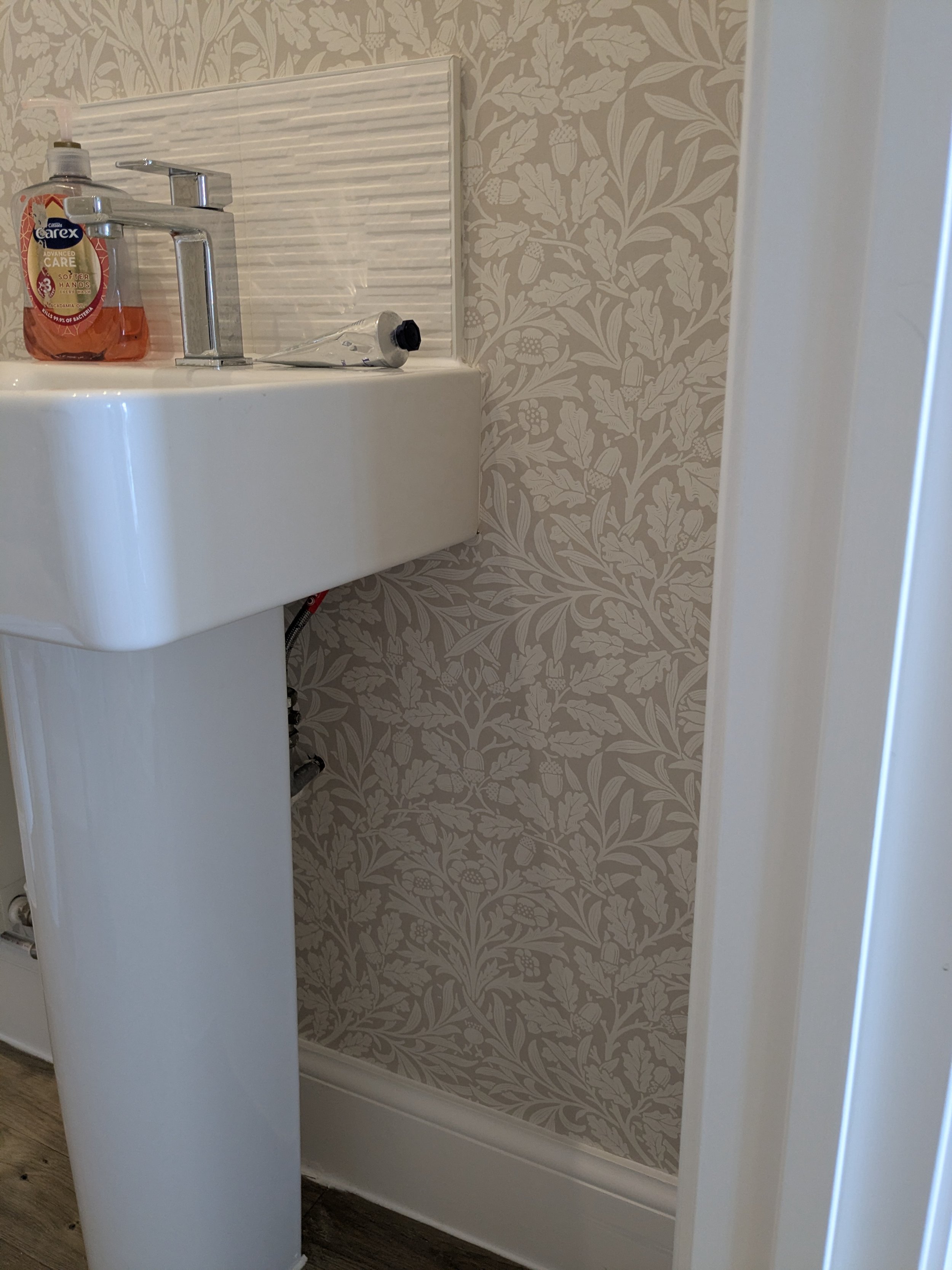 A close-up image of a bathroom sink with a chrome faucet, a bottle of Carex hand soap, and a tube of lotion or cream on the sink surface; background includes decorative wallpaper with a leafy pattern.