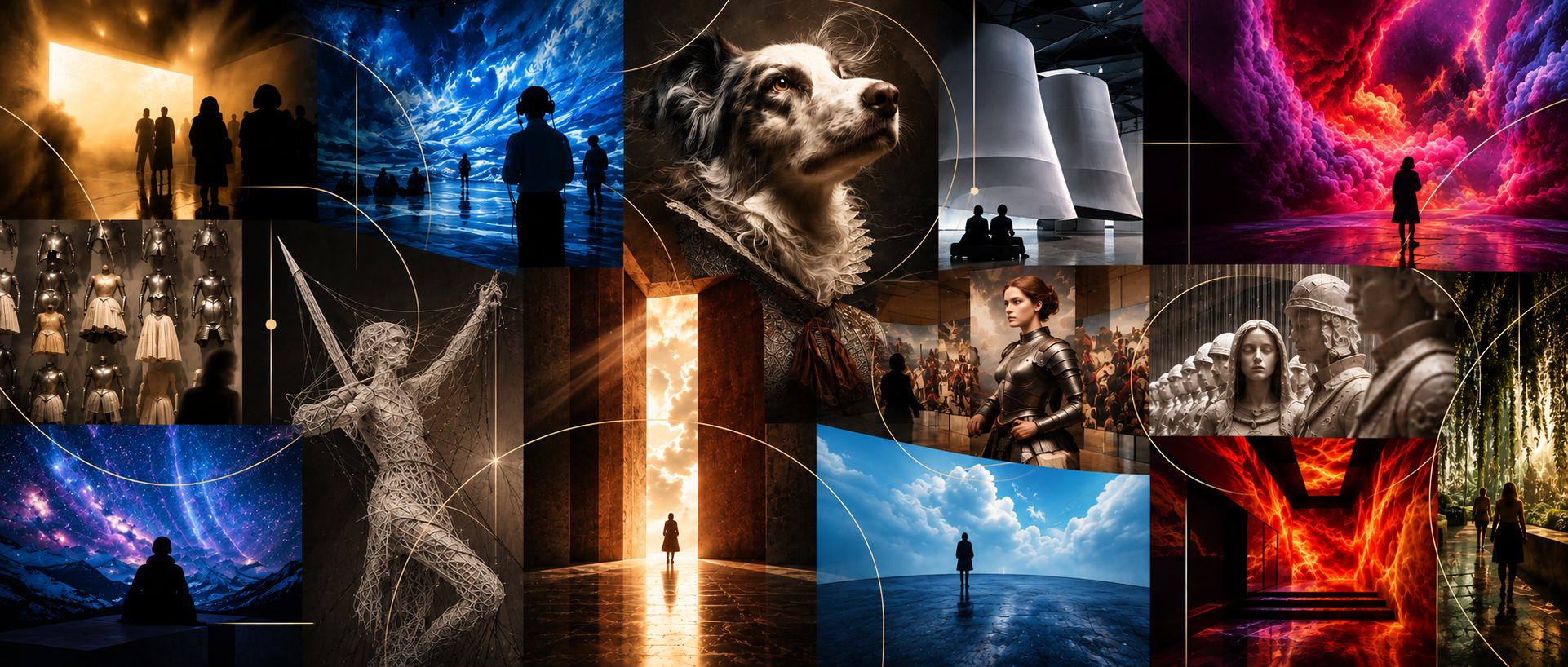 Collage of various scenes including an exhibition of mannequins, a person observing an ocean wave exhibit, a dog with a portrait, modern architectural interiors, colorful clouds, a woman looking at a sunset, a person contemplating a starry night, a sculpture of a woman, a woman in armor, historic statues, pink and purple clouds, and a fiery corridor with two women walking.