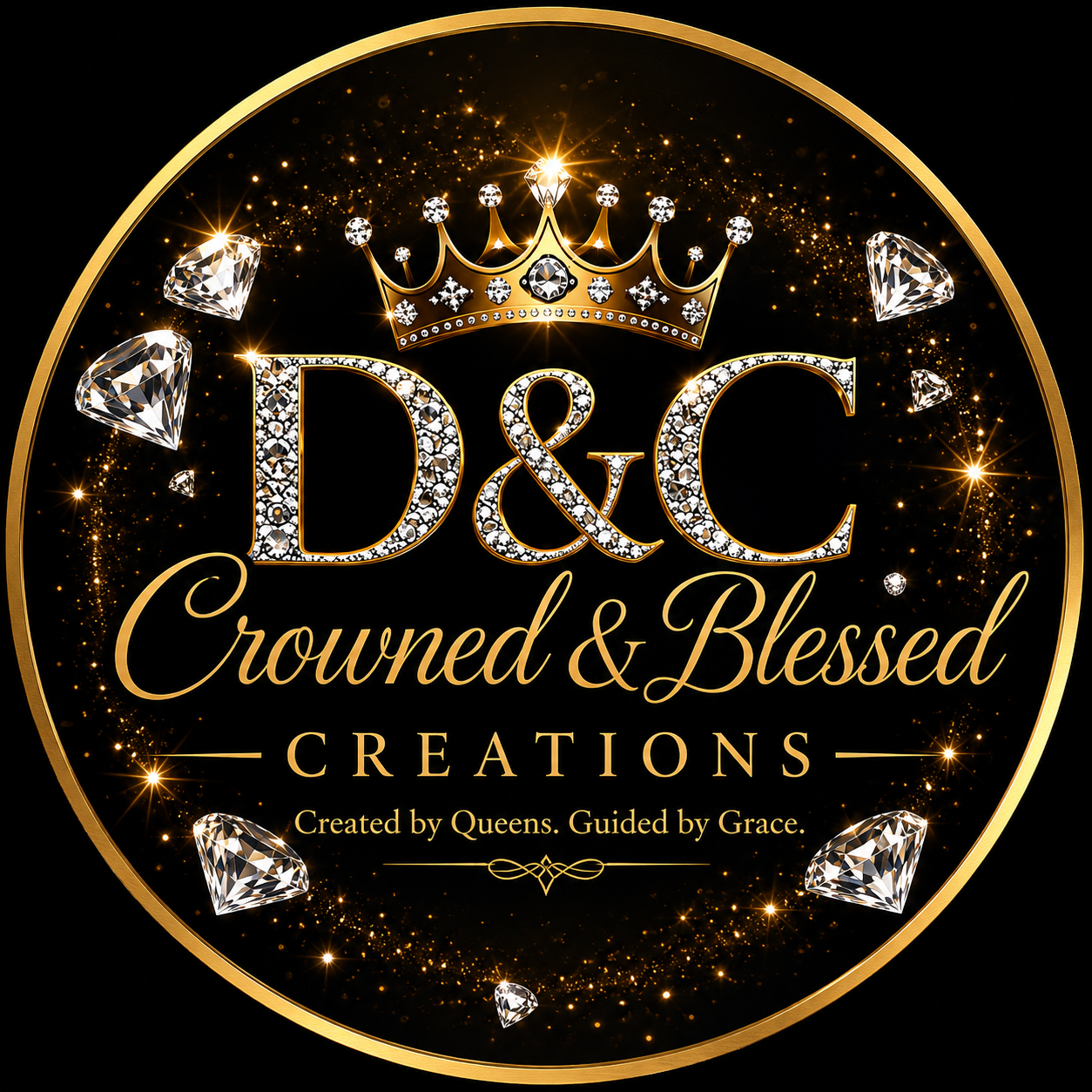 Black circular logo with gold glitter accents, a gold crown at the top, and large sparkling diamond-like letters 'D&C' in the center. Below, it reads 'Crowned & Blessed Creations' and 'Created by Queens. Guided by Grace.' in elegant gold script.
