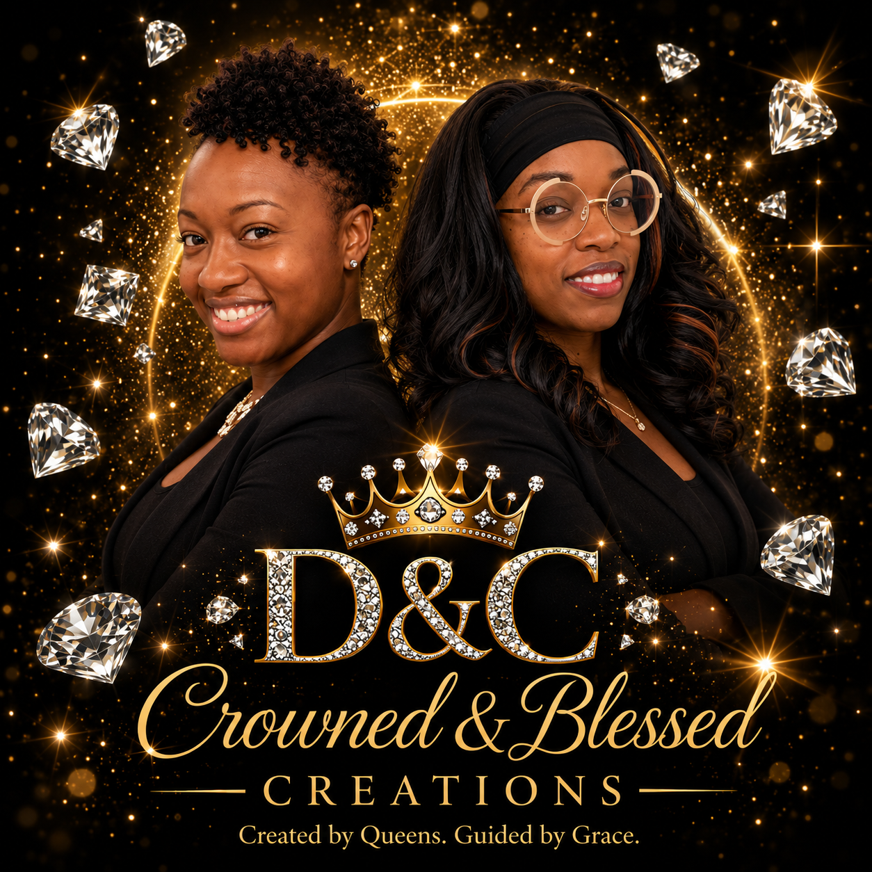 Two confident women standing back to back with arms crossed, surrounded by sparkling diamonds and golden glitter, with text reading 'D&C Crowned & Blessed Creations' and the tagline 'Created by Queens. Guided by Grace.'
