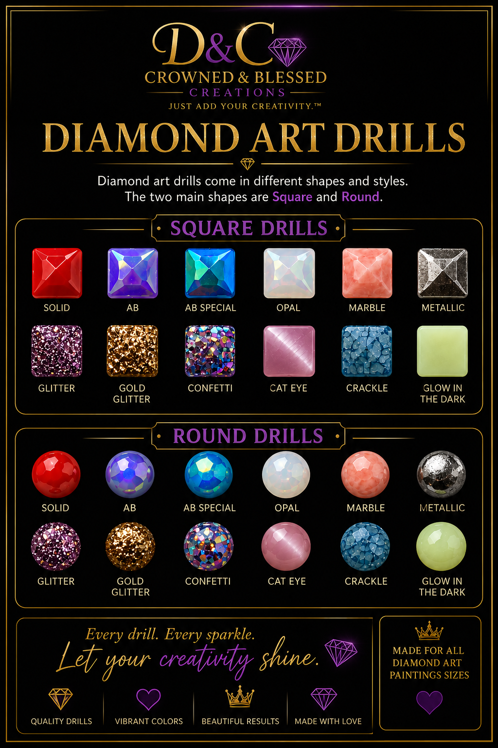 Chart displaying various shapes and styles of diamond art drills, including square and round types in colors such as solid, AB, AB special, opal, marble, metallic, glitter, gold glitter, confetti, cat eye, crackle, and glow in the dark.