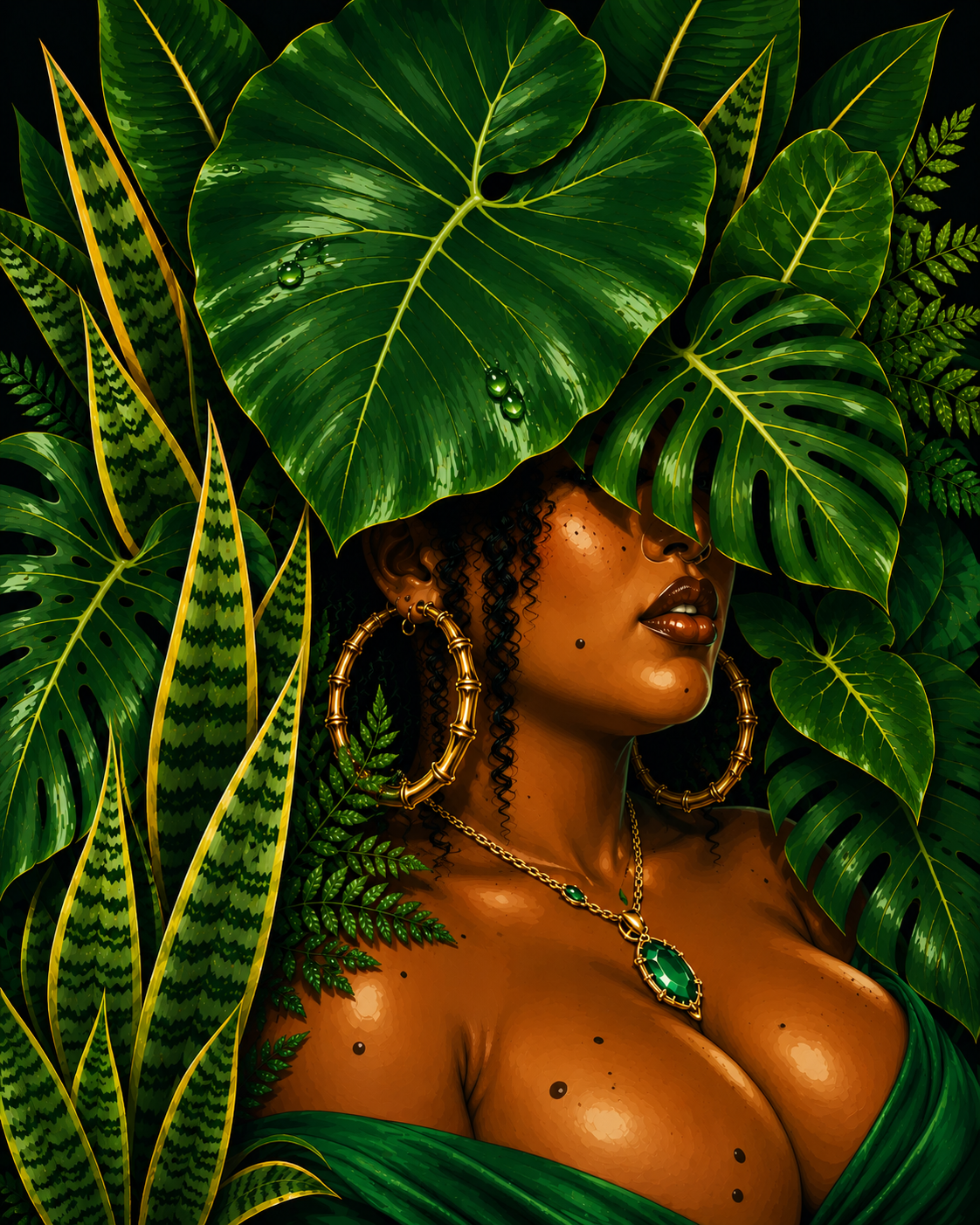 Digital artwork of a woman with dark curly hair and dark skin, surrounded by lush green tropical leaves. She is wearing large gold hoop earrings and gold jewelry with green gemstones, with her face partially obscured by the leaves.