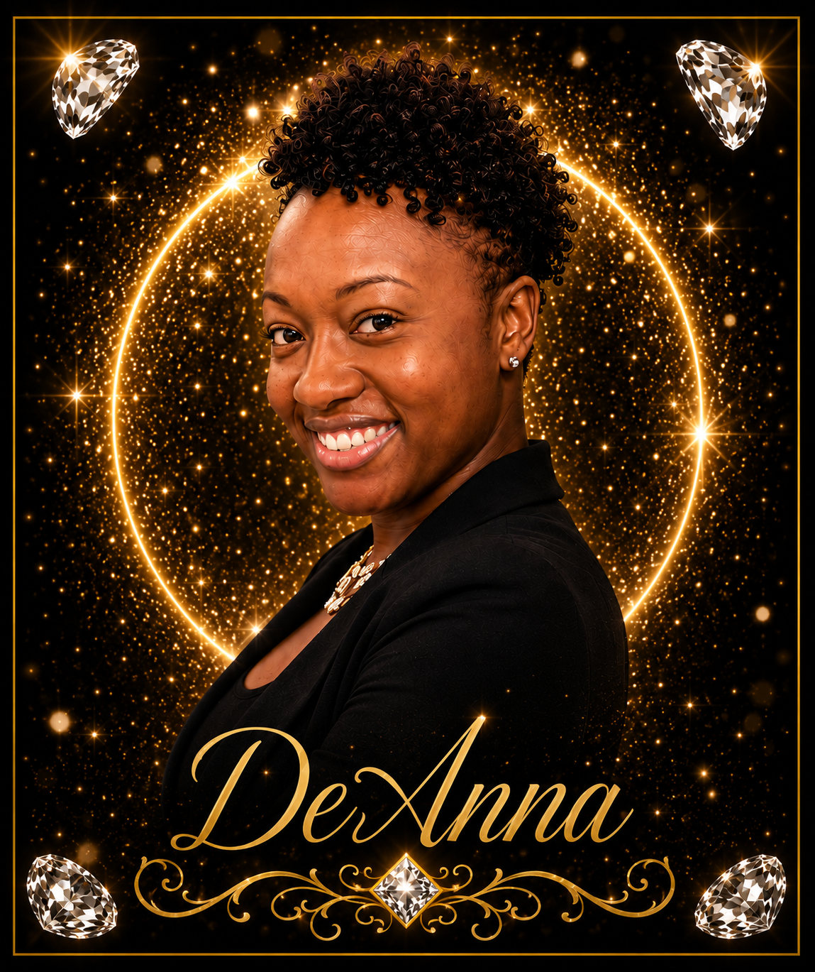 A woman with short curly hair smiling, dressed in black, with a background of glowing golden stars and a circular golden halo, decorated with four diamond-shaped jewels at the corners. The text 'DeAnna' is written in elegant gold script at the bottom.