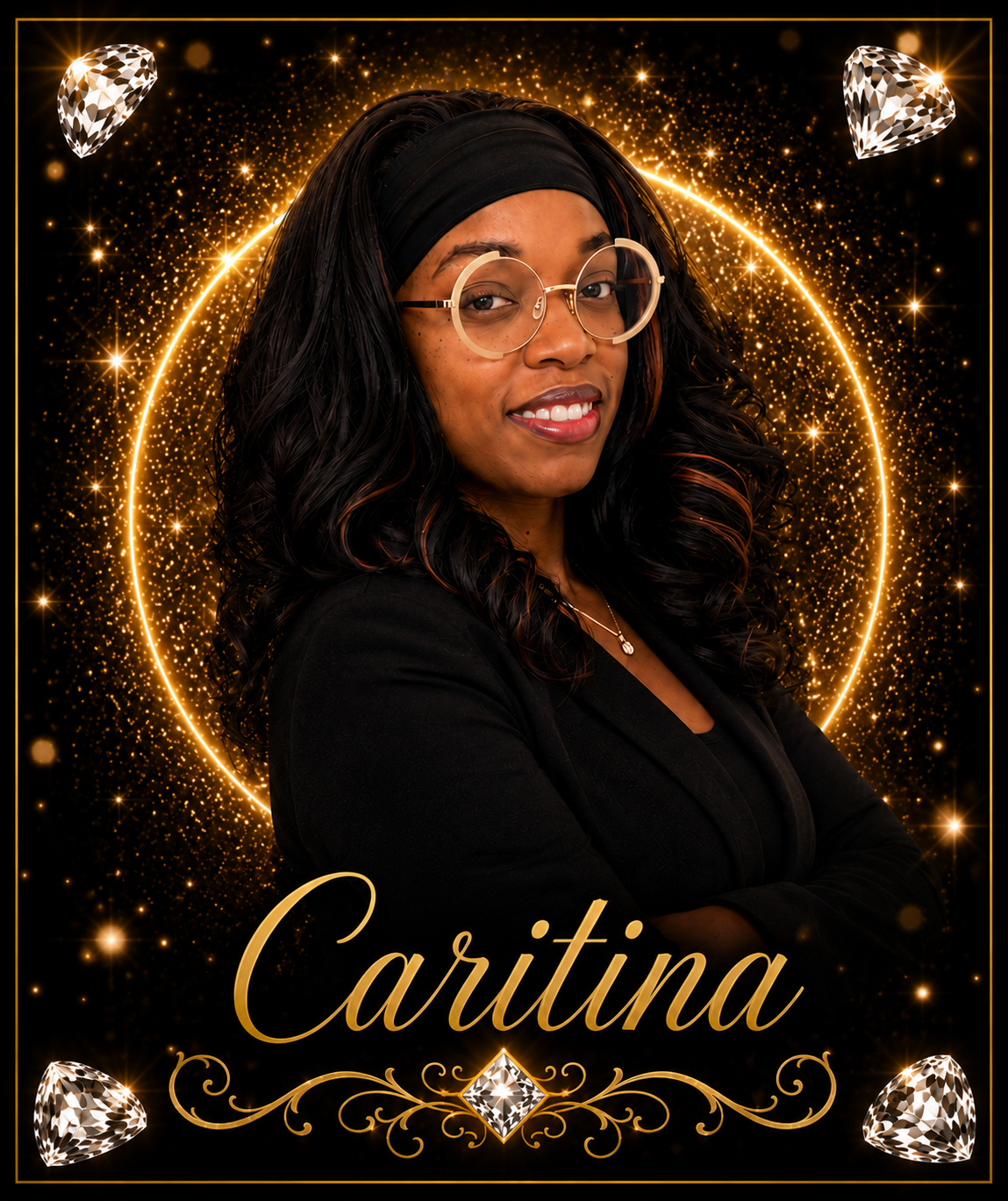A woman with dark, curly hair, glasses, and a black headband, smiling with arms crossed, framed by a sparkling gold and black background with diamond accents and the name 'Caritina' written in elegant script.