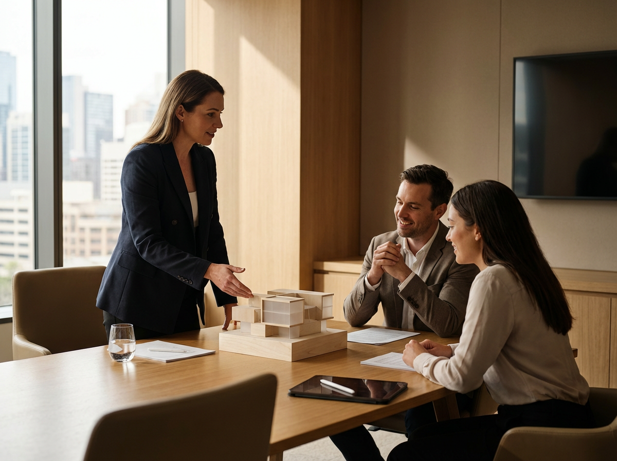Three business professionals in a meeting room discussing a wooden architectural model on the table in front of them.