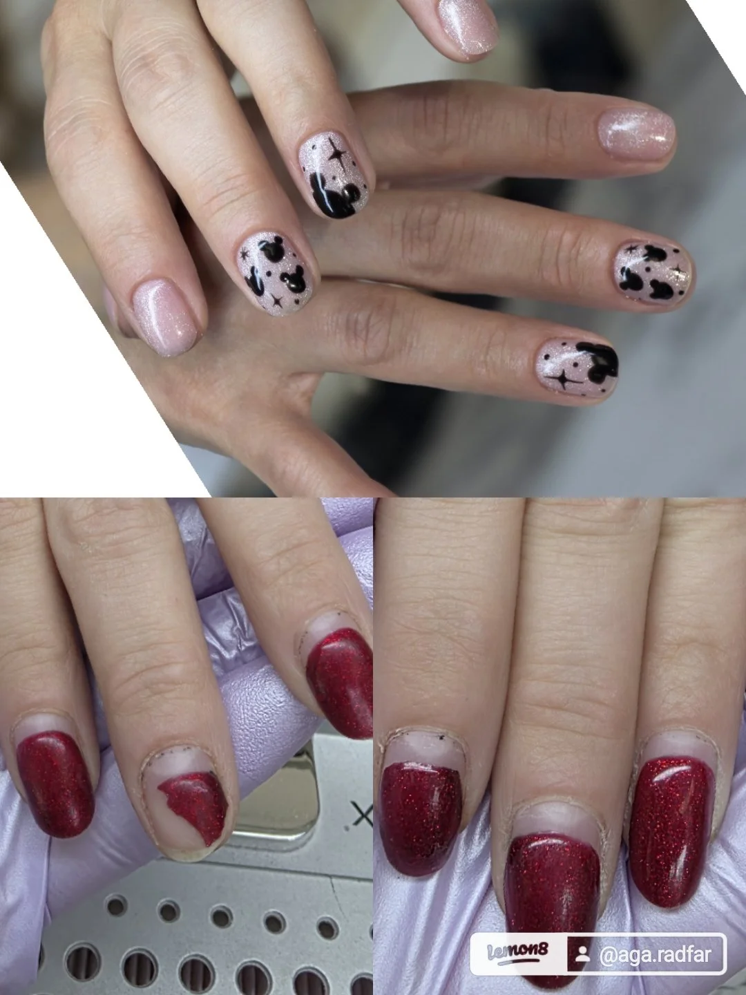 Close-up of a hand with manicured nails showing a variety of designs, including glittery pink, black and beige with abstract patterns, and solid red with shimmer.