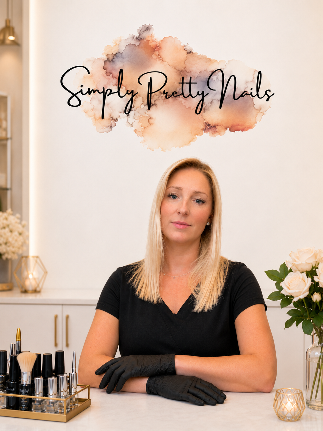 A woman with blonde hair wearing a black shirt and black gloves sitting at a makeup counter with makeup brushes, a gold candle holder, and a vase of white roses in a room with white cabinets and a sign that reads "Simply Pretty Nails".
