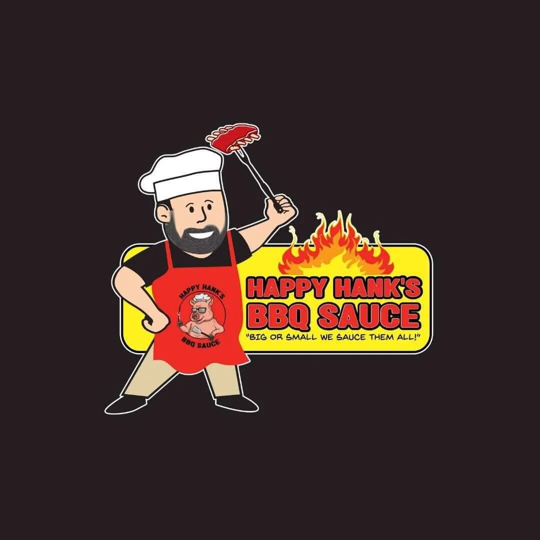 Cartoon chef holding a BBQ sausage skewer in front of a logo for Happy Hank's BBQ Sauce, with flames and text on a yellow background.