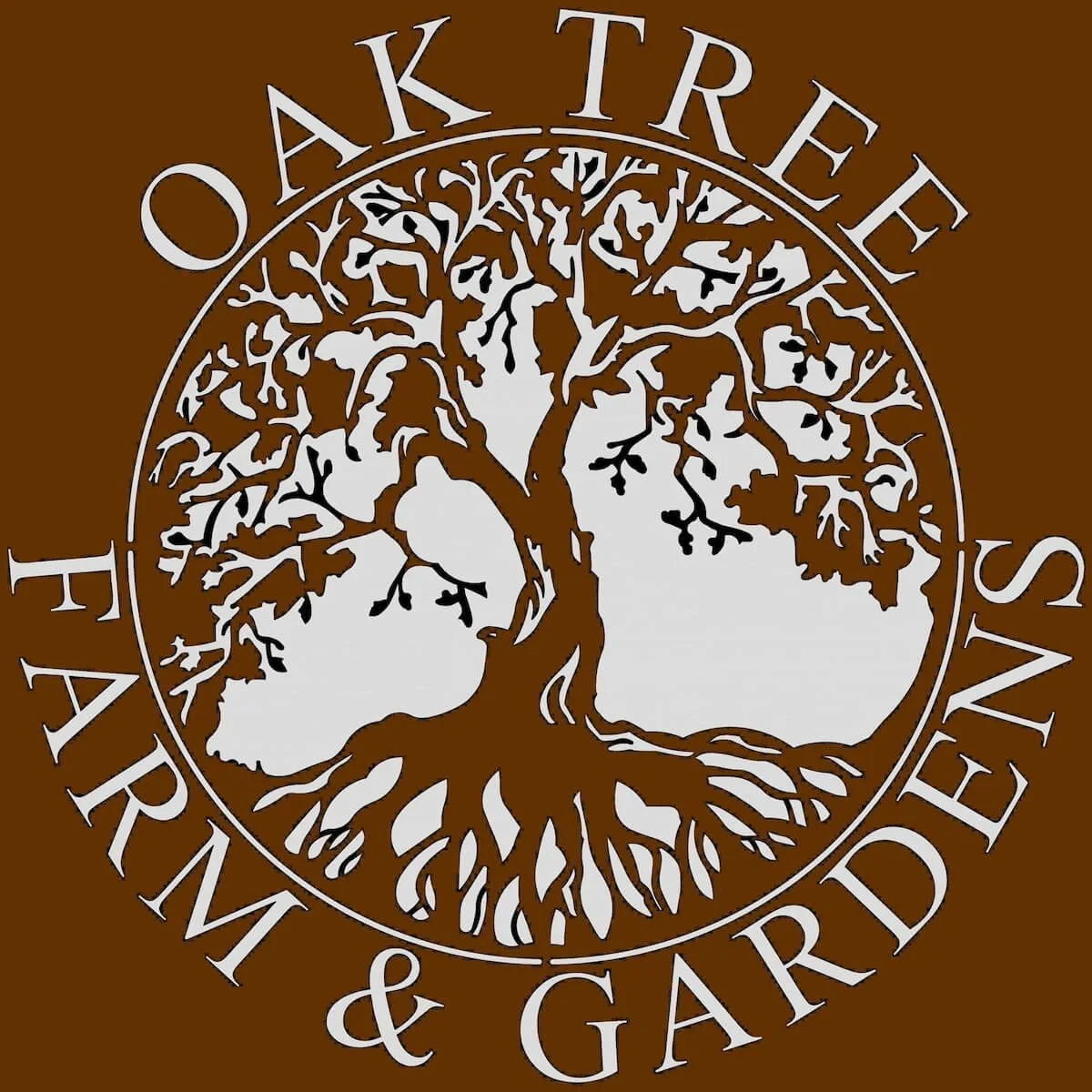 A circular logo features a stylized brown tree with many branches and roots, set against a white background. Surrounding the tree is a ring with the text "OAK TREE FARM & GARDEN" written in grey capital letters.