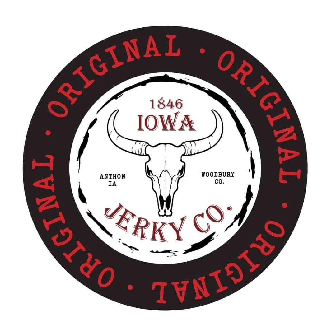 Logo of Jerky Co. featuring a cow skull and text indicating origins in Iowa, established in 1846, with locations in Anthon and Woodbury County.