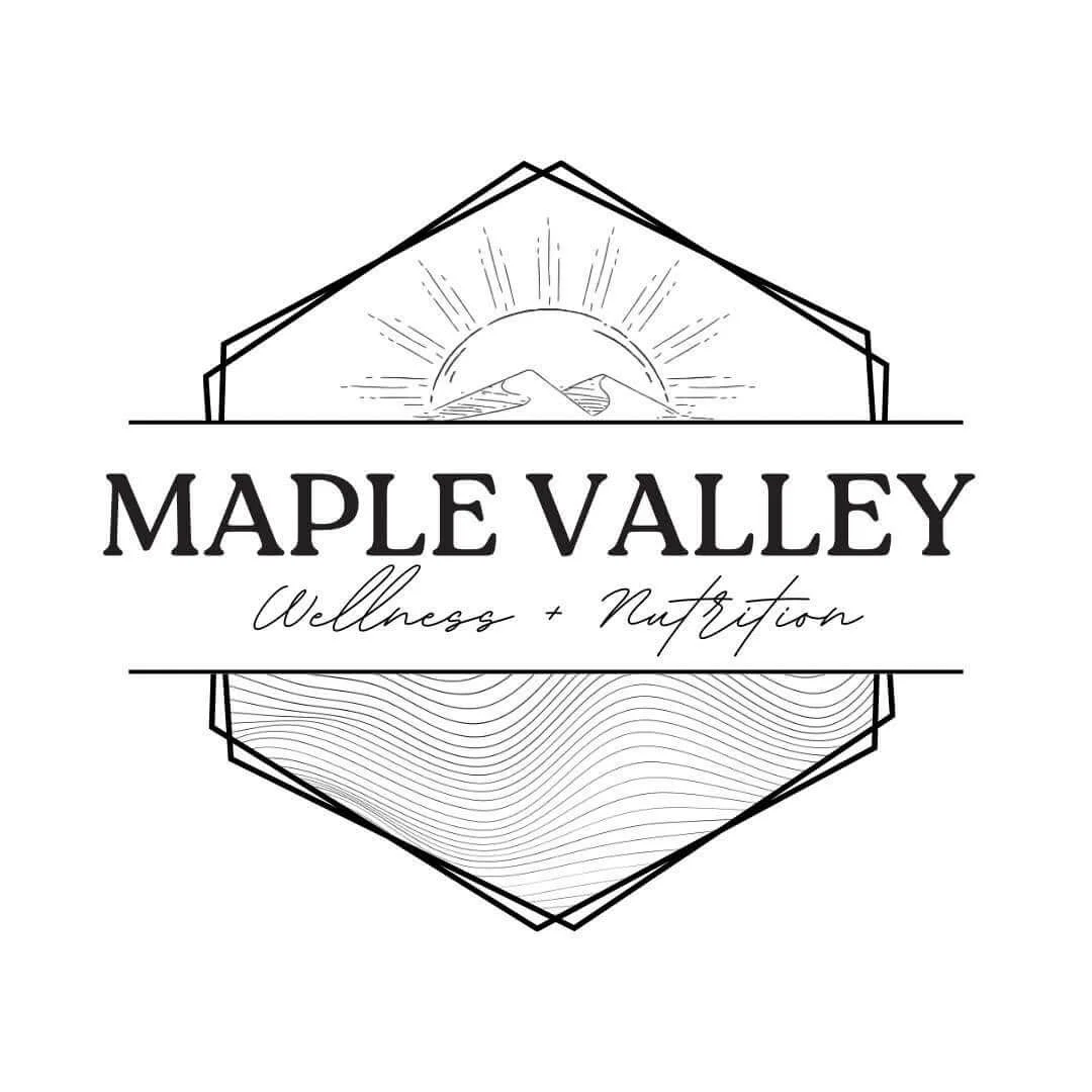Logo for Maple Valley Wellness and Nutrition featuring a sunrise or sunset over mountains, with stylized lines representing a landscape, and text in bold and cursive fonts.