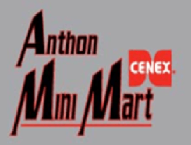 Logo of Anthon Mini Mart with red and black text on a gray background.