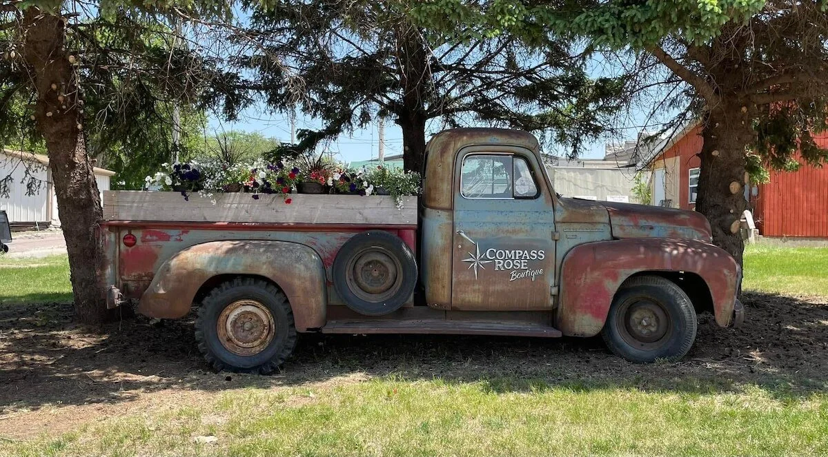 Old rusty vintage pickup truck with a flower-filled bed, parked under a tree in a rural setting.