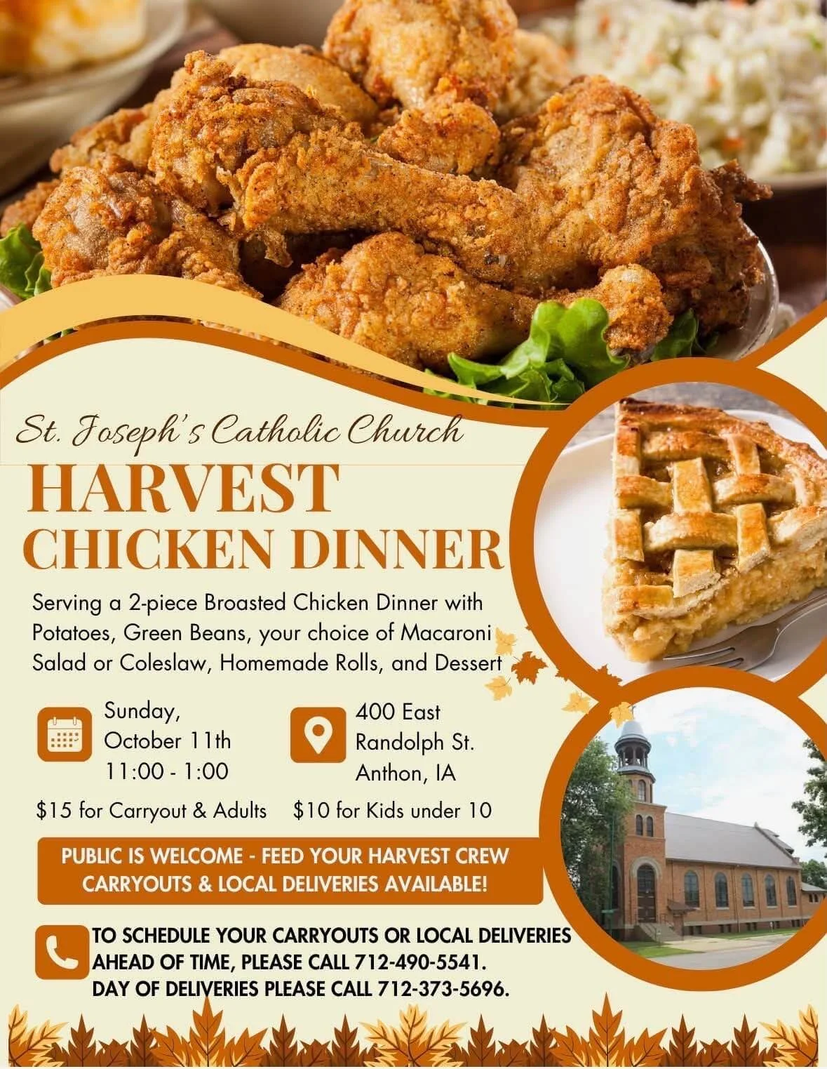 Flyer for St. Joseph's Catholic Church's Harvest Chicken Dinner featuring images of fried chicken, a pie, and the church building. Details about the event, date, time, location, prices, and contact information are listed.