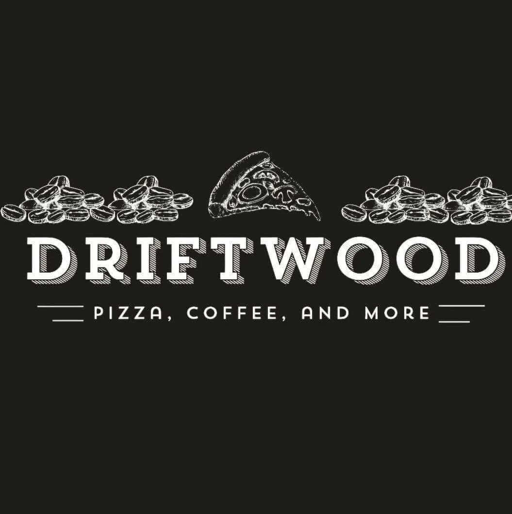Logo for Driftwood, featuring a pizza slice and coffee beans, with the text "DRIFTWOOD" and "Pizza, Coffee, and More" on a black background.