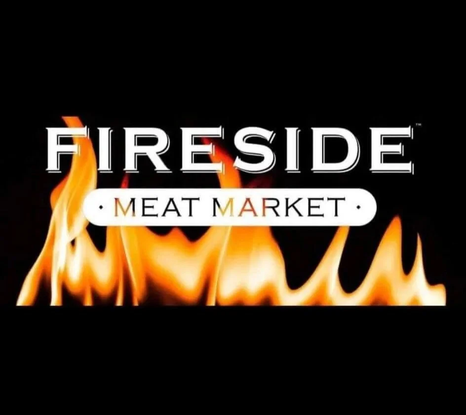 Logo for Fireside Meat Market with flames in the background.