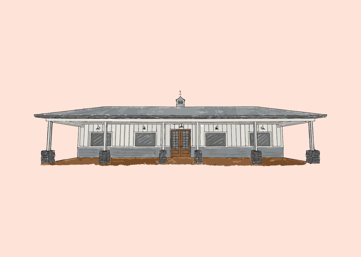 Illustration of a single-story church with a gray roof, white wooden siding, and a small bell tower, with a pink background.