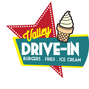 Sign for Halsey's Drive-In with text advertising burgers, fries, and ice cream, featuring a red star, a yellow starburst, and an ice cream cone.