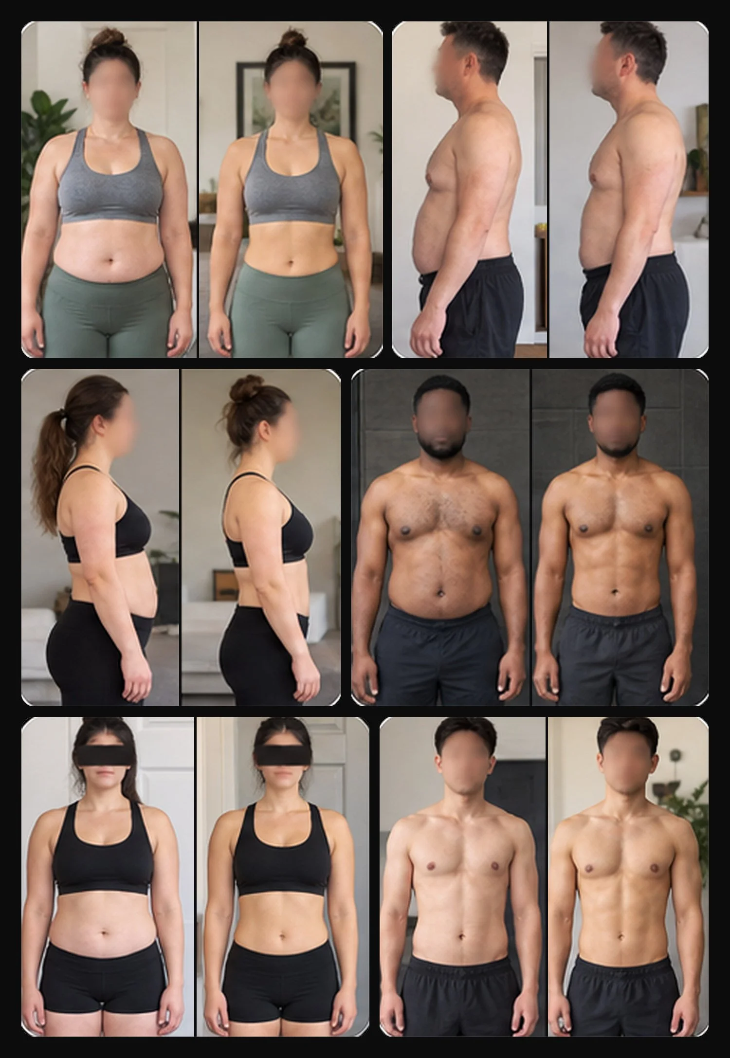 Before and after photos of six coaching clients of Kourosh Hosseini, faces hidden for privacy