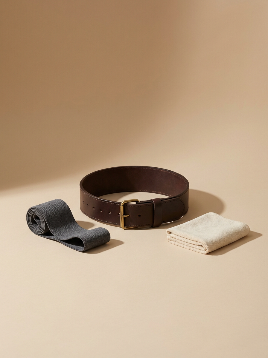 A brown leather belt, a gray sock, and a folded white sock on a beige background.