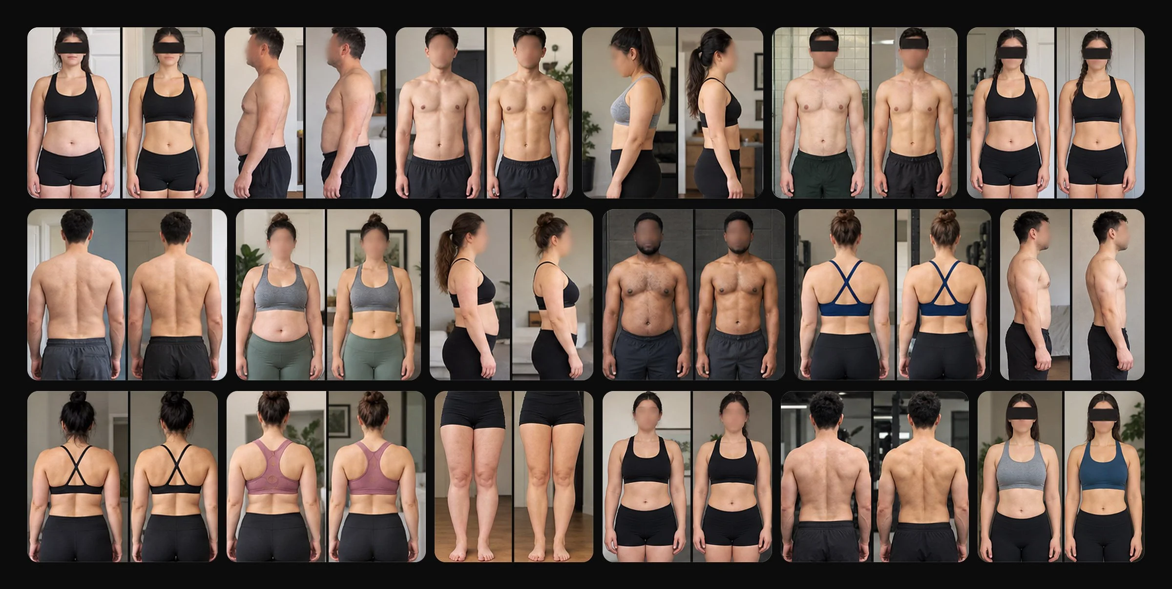 Before and after photos of 18 coaching clients of Kourosh Hosseini, faces hidden for privacy