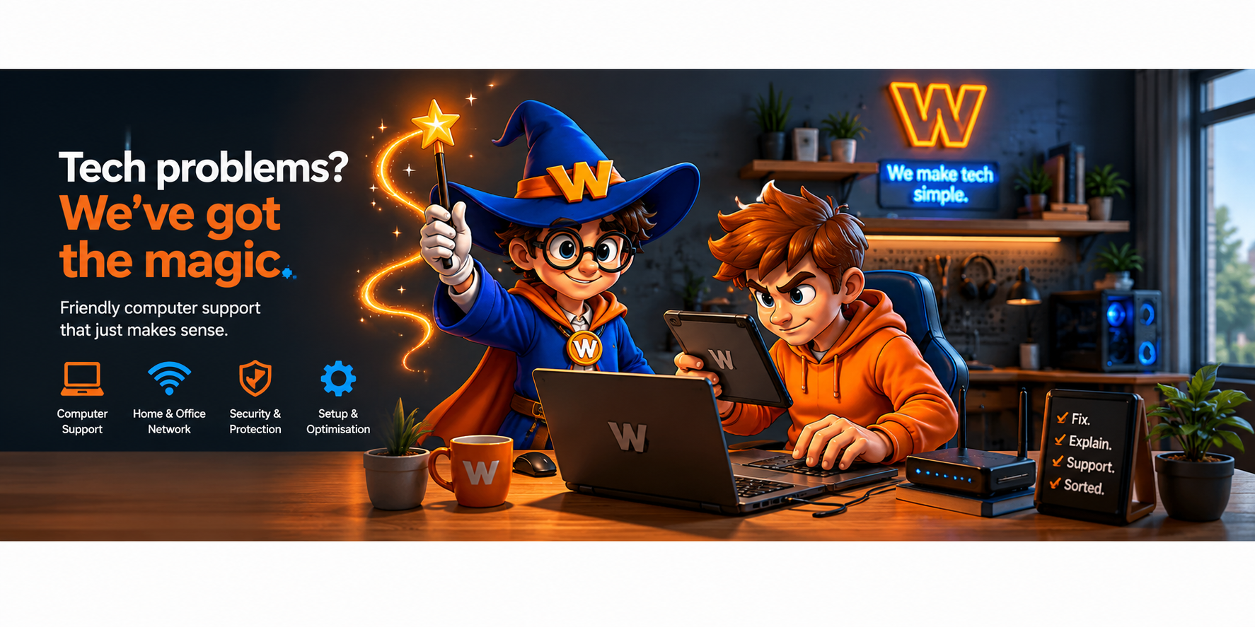 An advertisement featuring two animated characters working with computers in a tech support setting. The background has a neon sign and plants, with text promoting friendly tech support services including computer support, home and office network, security, setup, and optimization.
