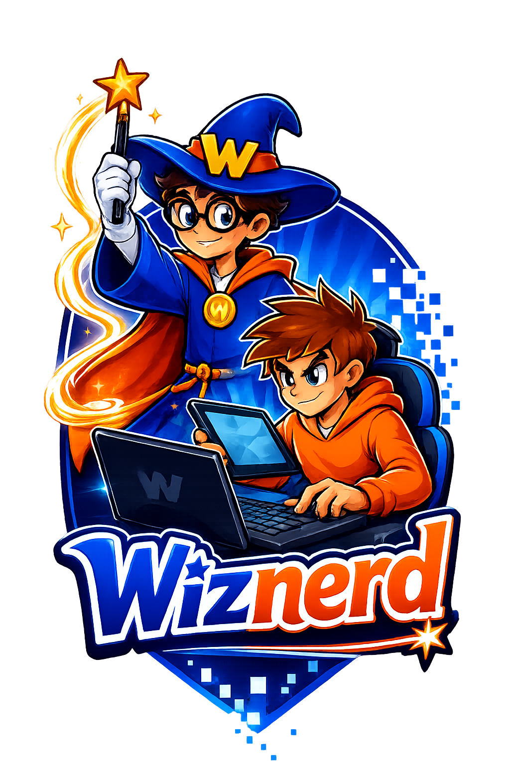 Cartoon illustration of a young wizard with glasses and a blue robe holding a magic wand, and a boy with brown hair using a tablet with a laptop nearby, with the word "Wiznerd" at the bottom.
