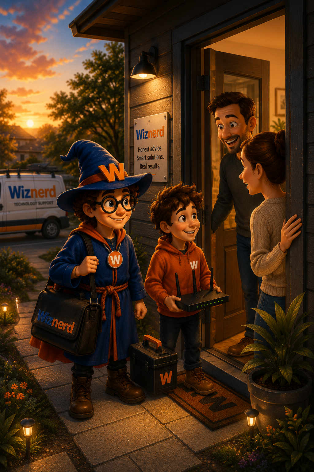 A family of four, including two children dressed as wizards, welcomes two adults into their home during sunset. The children are dressed in wizard costumes with wands and a black bag labeled 'Wiznerd'. The scene is warm and cheerful, with a 'Wiznerd' van in the background and the sign on the house indicating it offers honest advice, smart solutions, and real results.