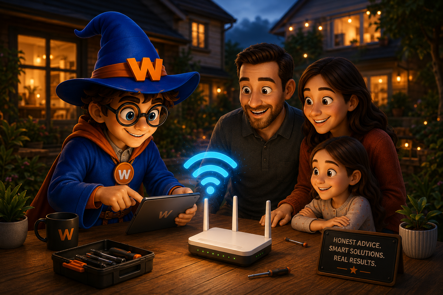 A family of four, including a young boy dressed as a wizard, a man, a woman, and a young girl, gathered around a Wi-Fi router outdoors at dusk, all looking at a tablet and smiling.