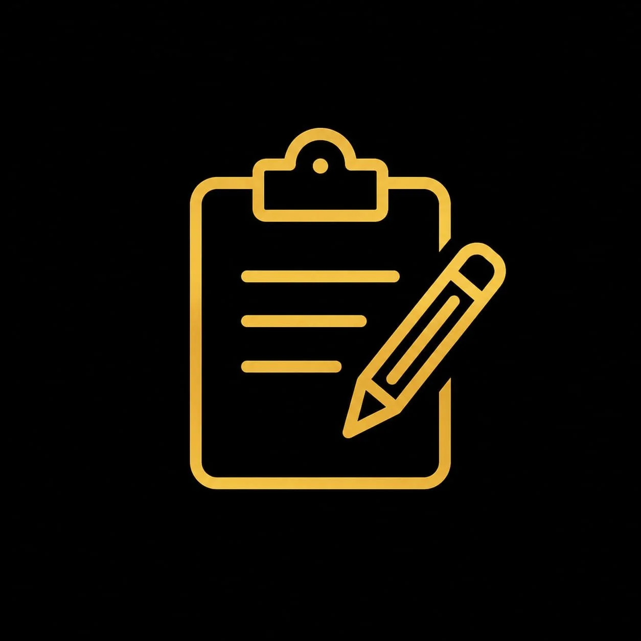 Gold outline icon of a clipboard with a piece of paper and a pencil on a black background.