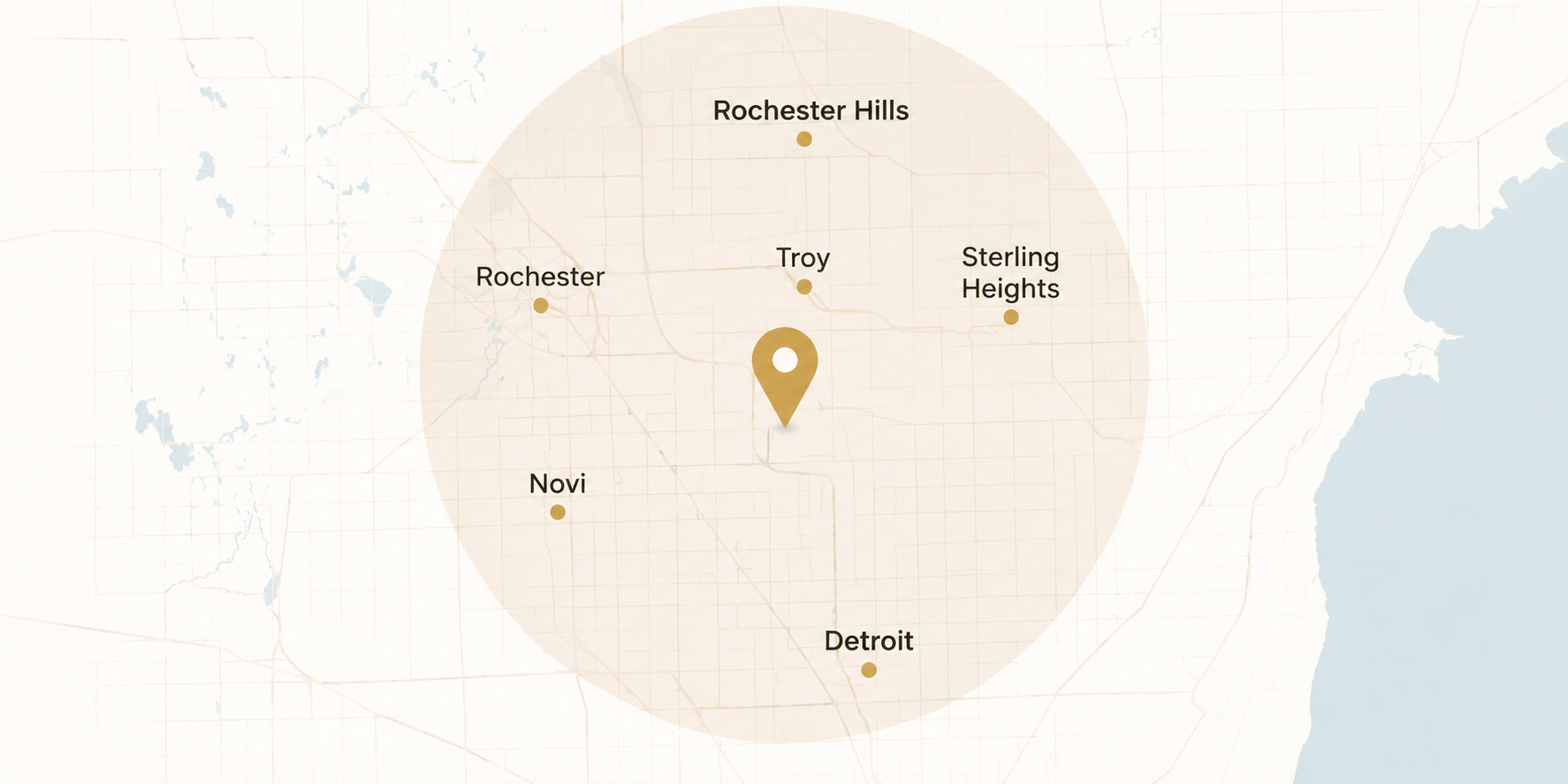 Map of a central Michigan area showing cities Novi, Troy, Rochester, Rochester Hills, Sterling Heights, and Detroit with a highlighted central location.