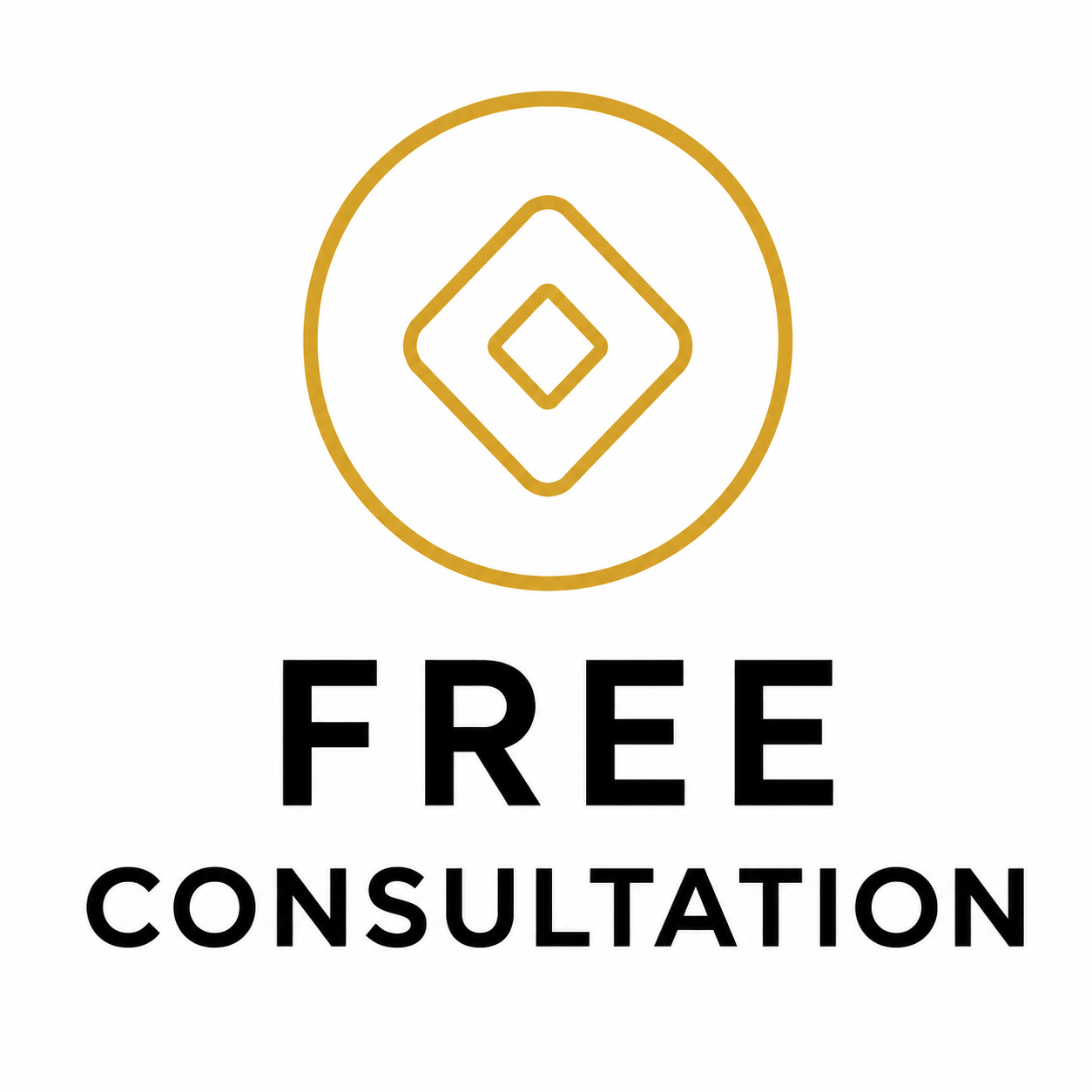 Gold geometric logo above the words "FREE CONSULTATION" in black text.