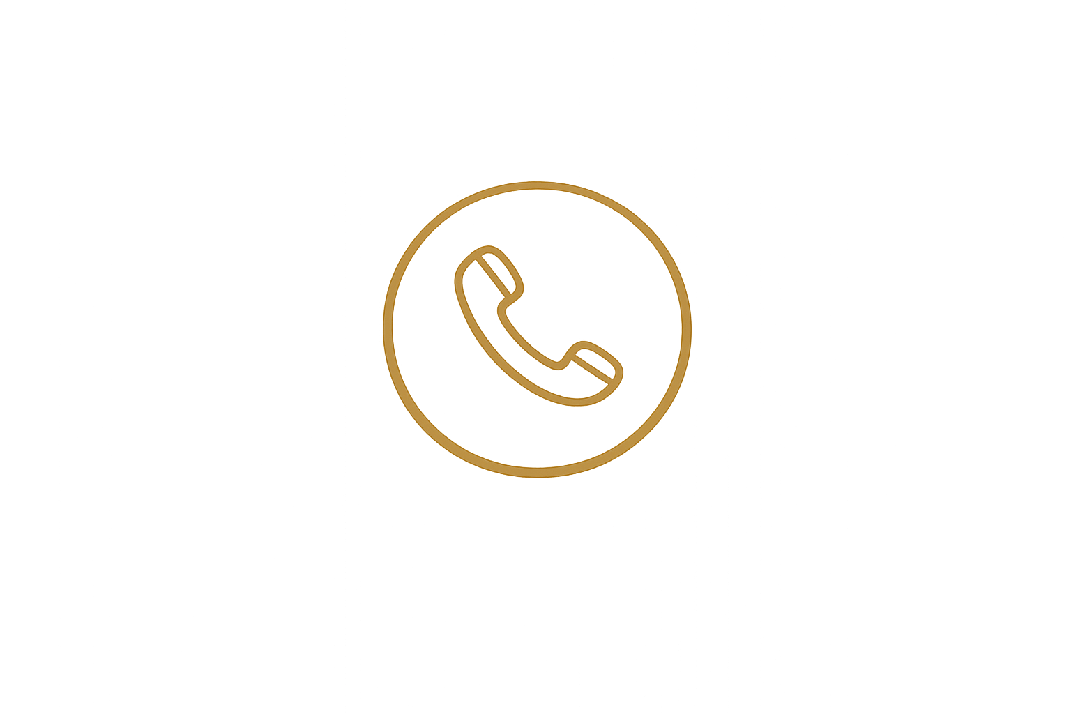 A minimalistic icon of a phone receiver inside a circle, displayed in gold on a black background.