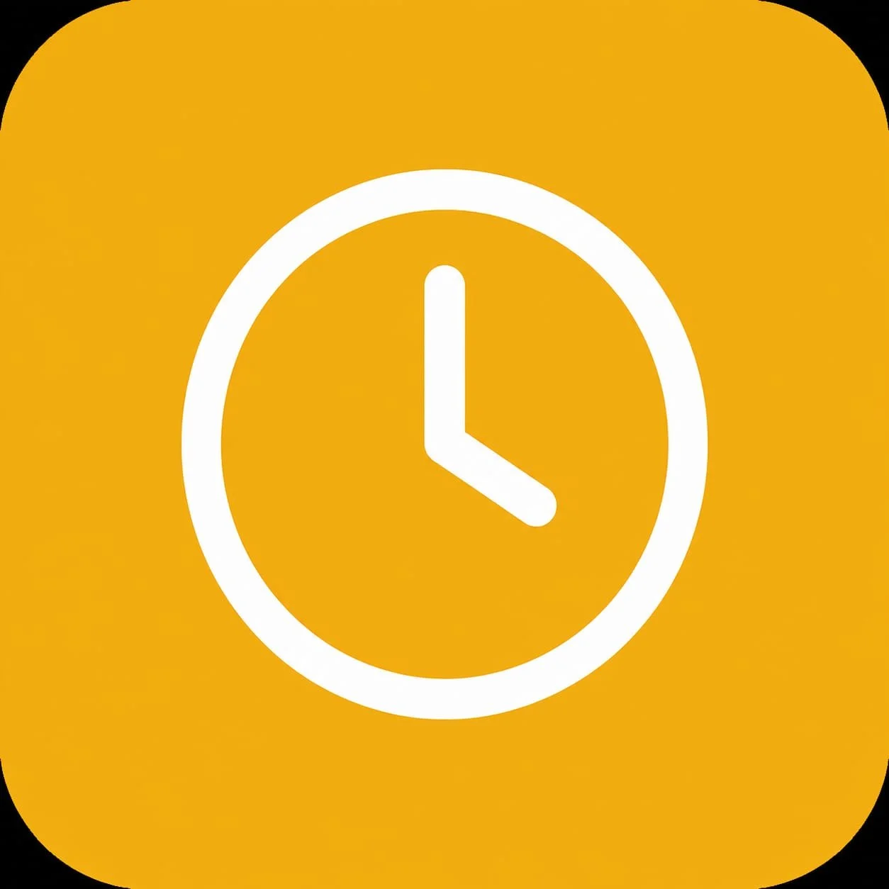 A yellow square background with rounded corners, featuring a white clock icon showing the time as 3:00.