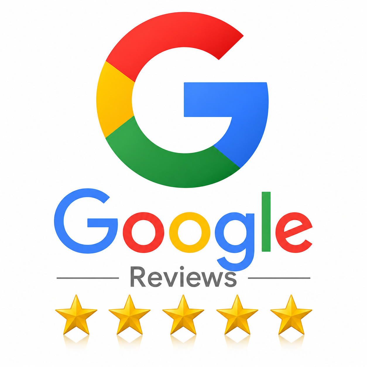 Google logo with the word Reviews and five gold stars underneath.