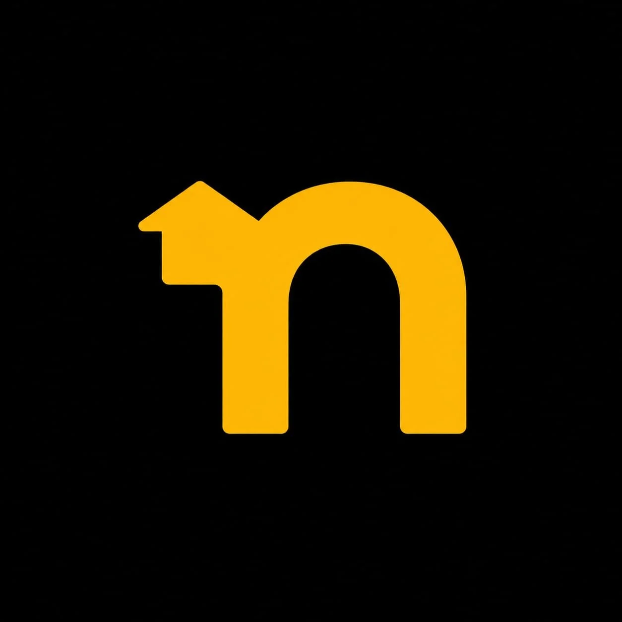 A yellow arrow combining an arrow pointing left and a half-circle with an upright rectangle at the bottom, resembling a stylized lowercase 'n' on a black background.