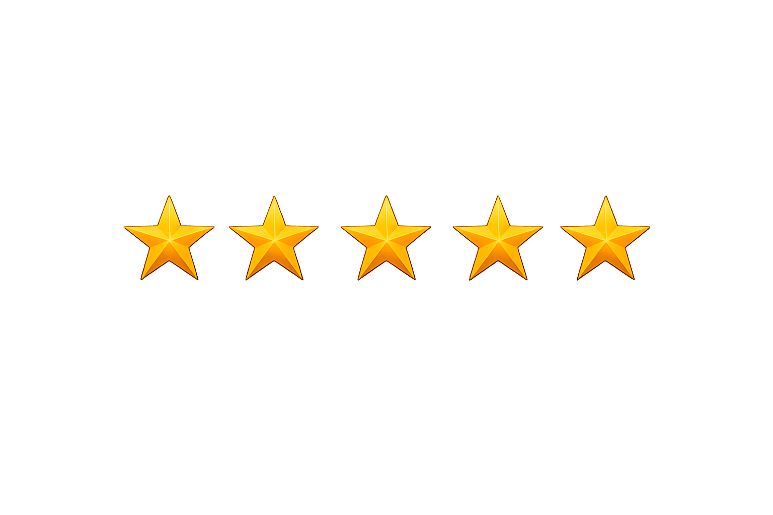 Five gold stars in a row on a reflective surface.