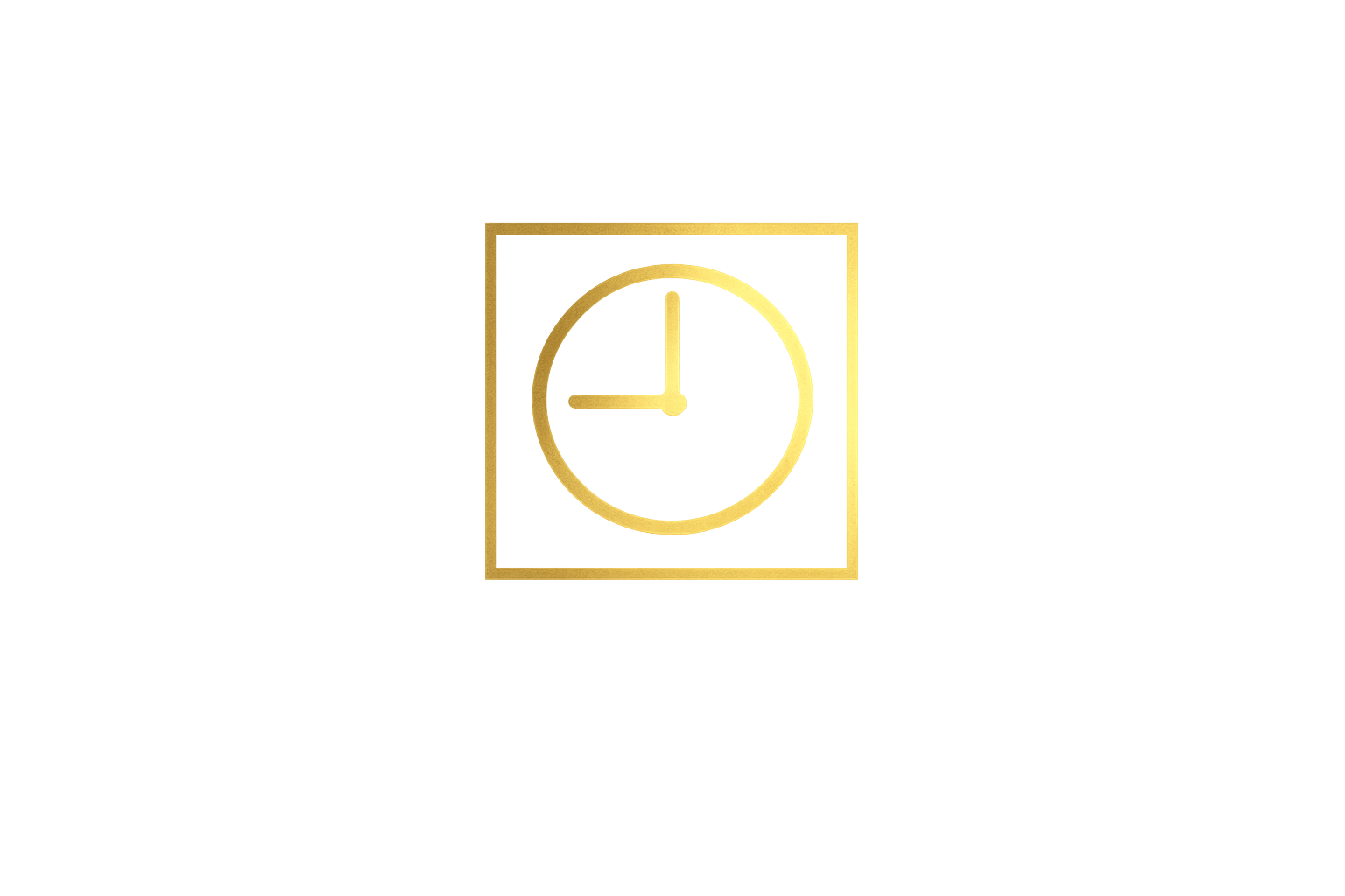 A gold-colored clock with a circular face and hour and minute hands, situated inside a square frame on a wall.