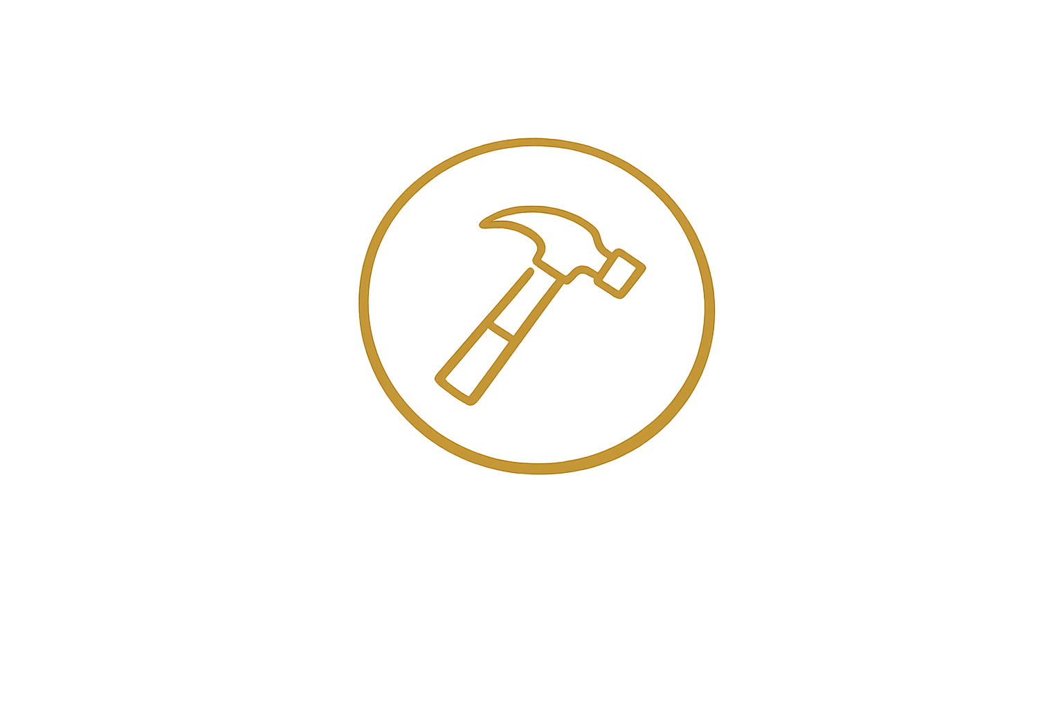 Gold outline of a hammer inside a gold circle, on a black background.