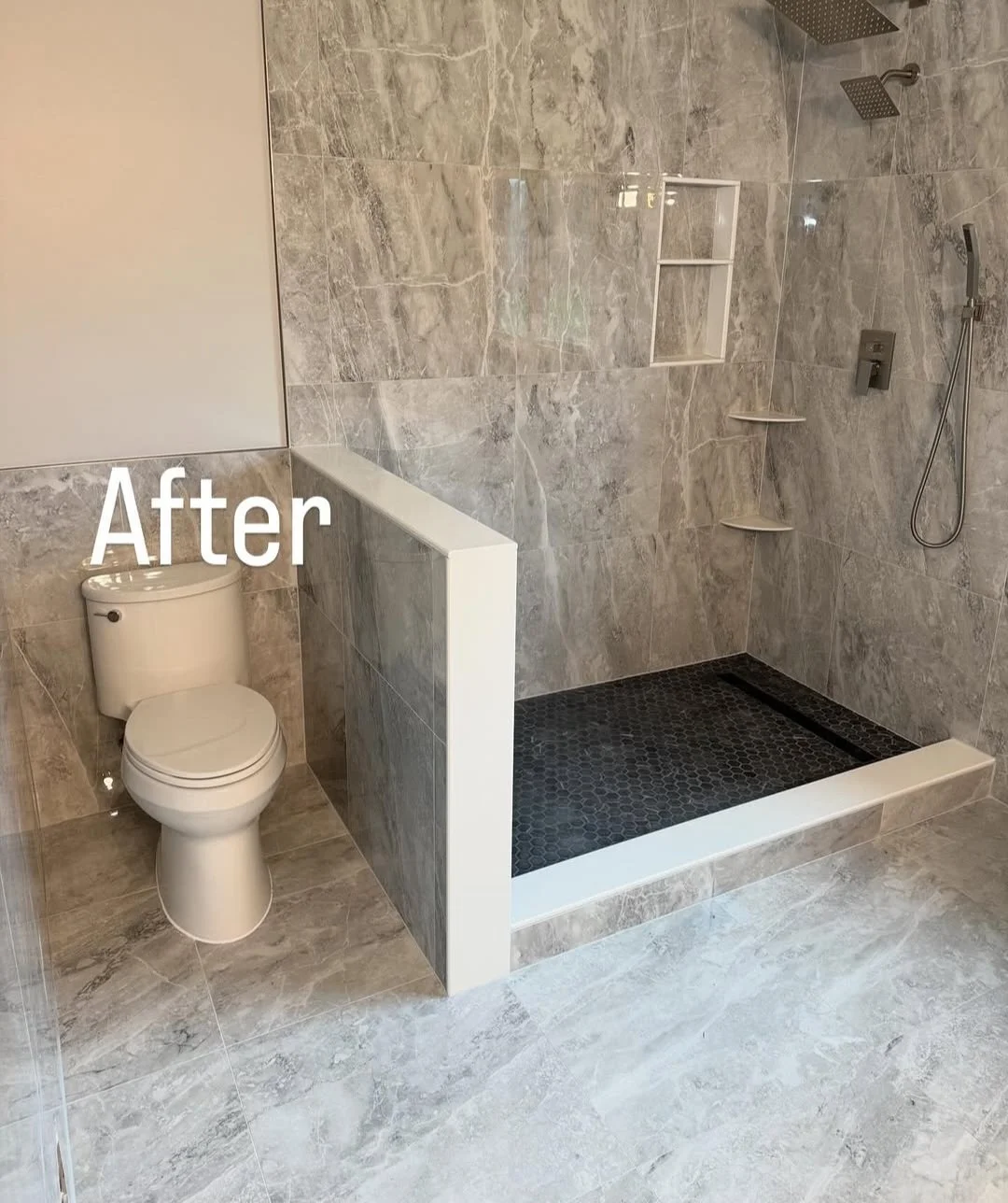 A bathroom with a toilet on the left and a walk-in shower on the right. The shower has grey marble tiles, black hexagonal floor tiles, and built-in shelves. The word 'After' is overlaid on the image.