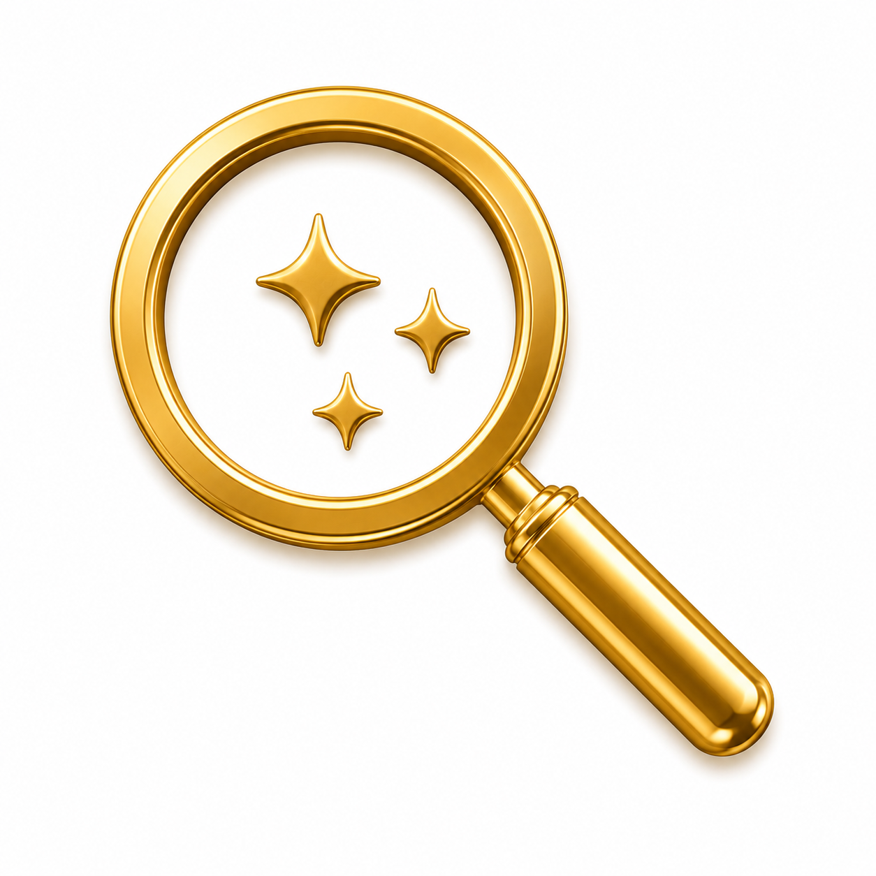 A gold magnifying glass with three star-shaped symbols inside the lens, set against a white background.