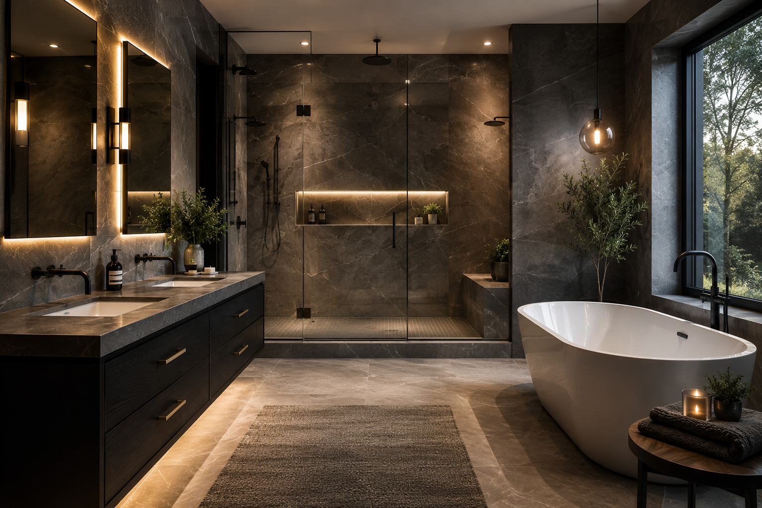 Modern bathroom with a double vanity, dark cabinetry, large mirrors with backlit edges, a walk-in shower with glass doors, a freestanding bathtub next to a large window, potted plants, and soft lighting.