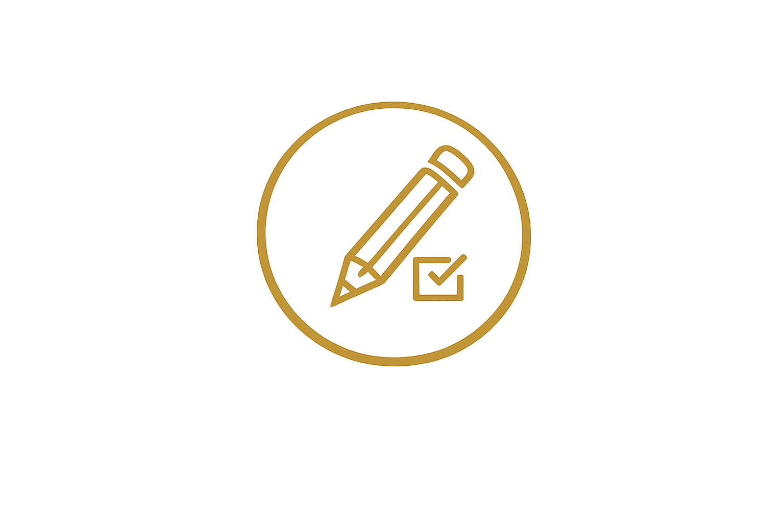 Gold icon of a pencil inside a circle with a checkmark box