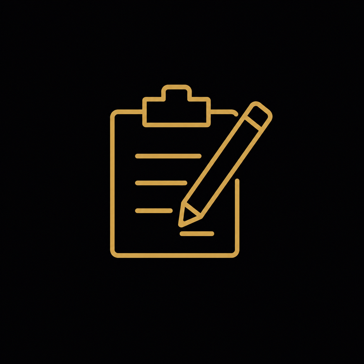 Outline icon of a clipboard with lines of text and a pencil, illuminated in gold against a black background.