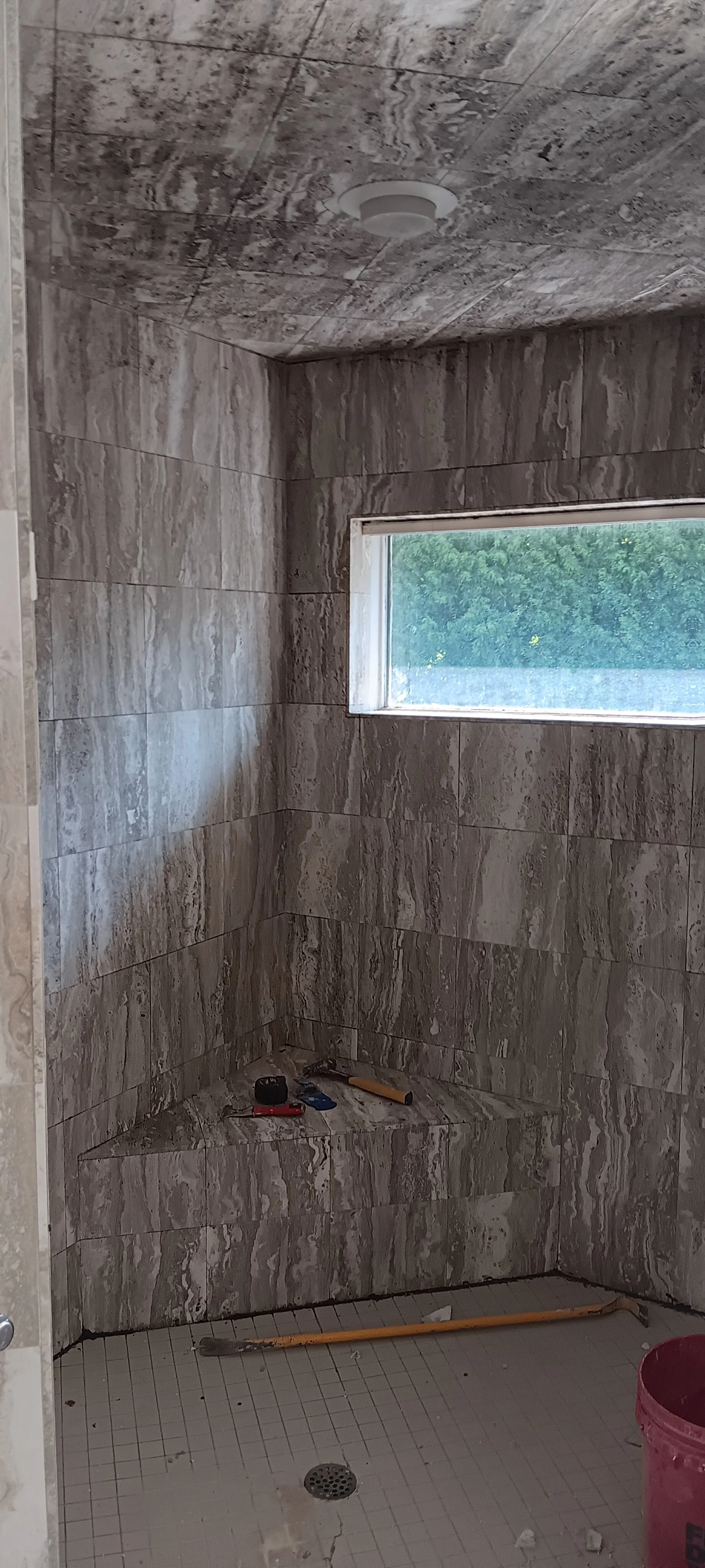Existing shower area stripped to the framing during renovation.