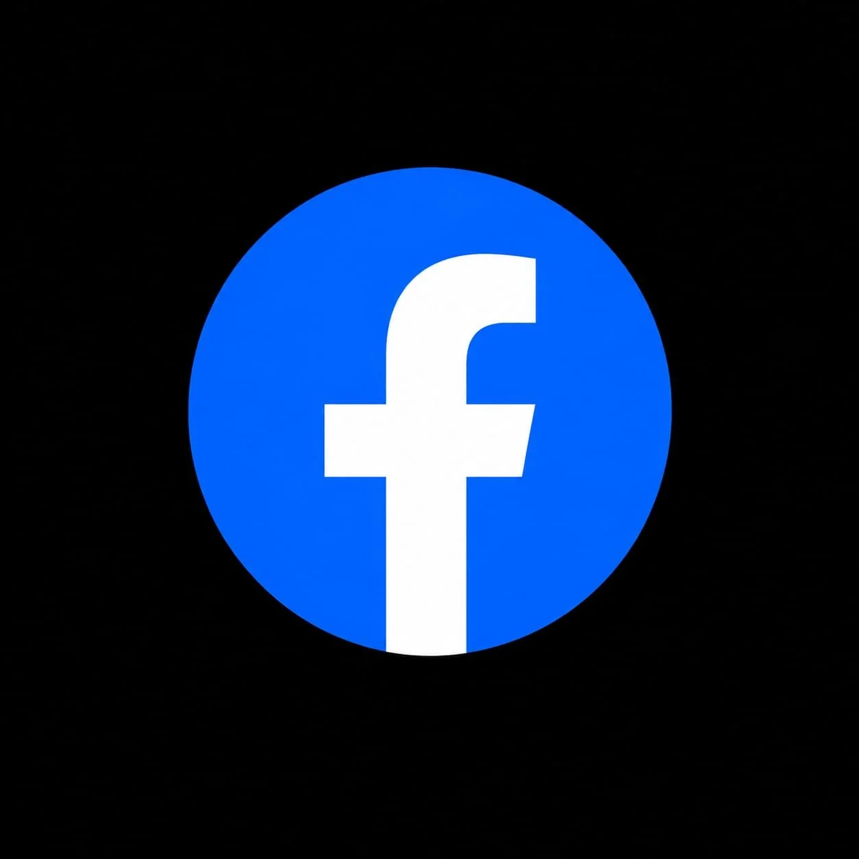 Facebook logo with a white 'f' on a blue circle, on a black background.