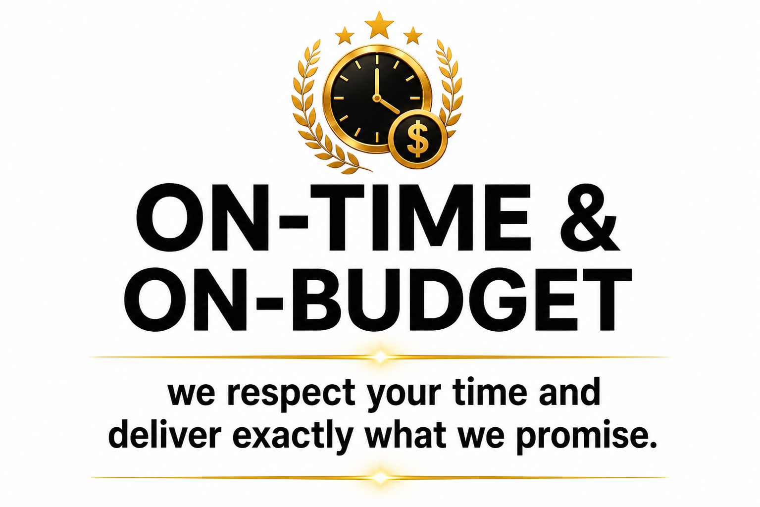 A graphic with a clock and dollar sign surrounded by gold laurel branches at the top. Bold black text reads "On-Time & On-Budget". Below, smaller text states "we respect your time and deliver exactly what we promise" with gold decorative lines above and below.